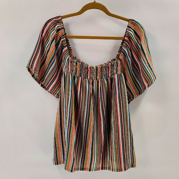 Joyspun Pullover Smocked Blouse Size XL Cotton Top Striped Flowy NWT - Picture 1 of 7